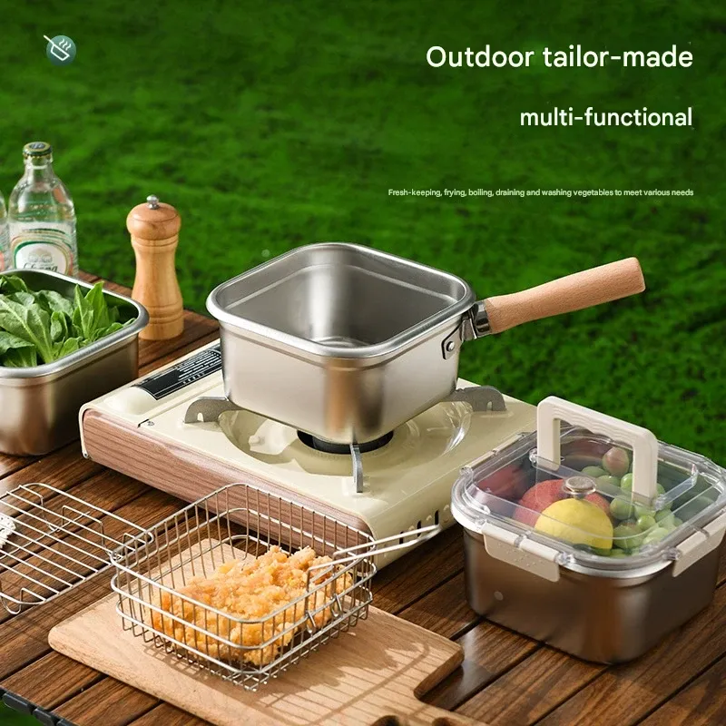 Stainless Steel Square Fry Pan, Multifunctional Portable Outdoor Pot with Handle and Storage Container