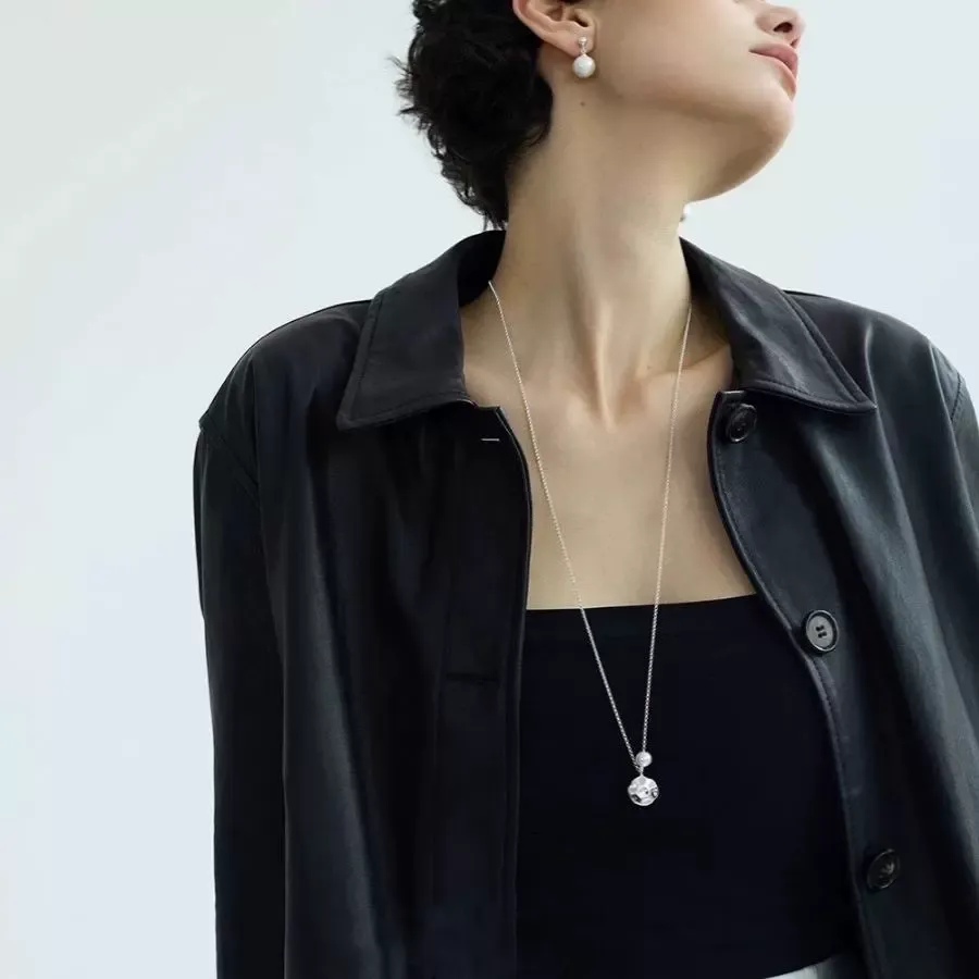 Gold and Silver Two-Tone Metal Ball Long Necklace  New Textured Spherical Pendant Sweater Chain