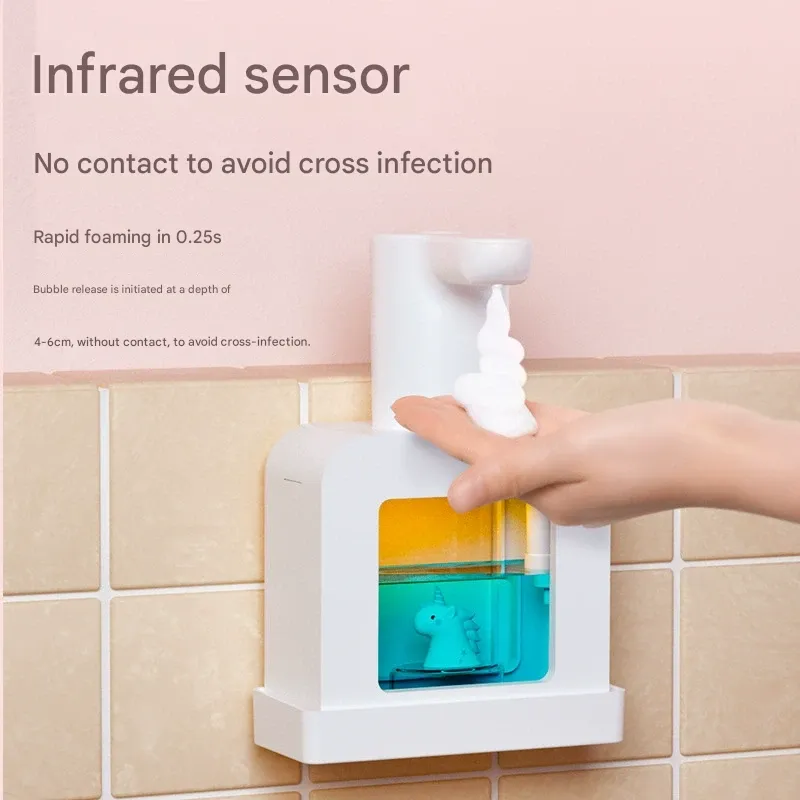 Wall-mounted automatic foam soap dispenser with smart sensor, electric children's liquid soap dispenser for home use.
