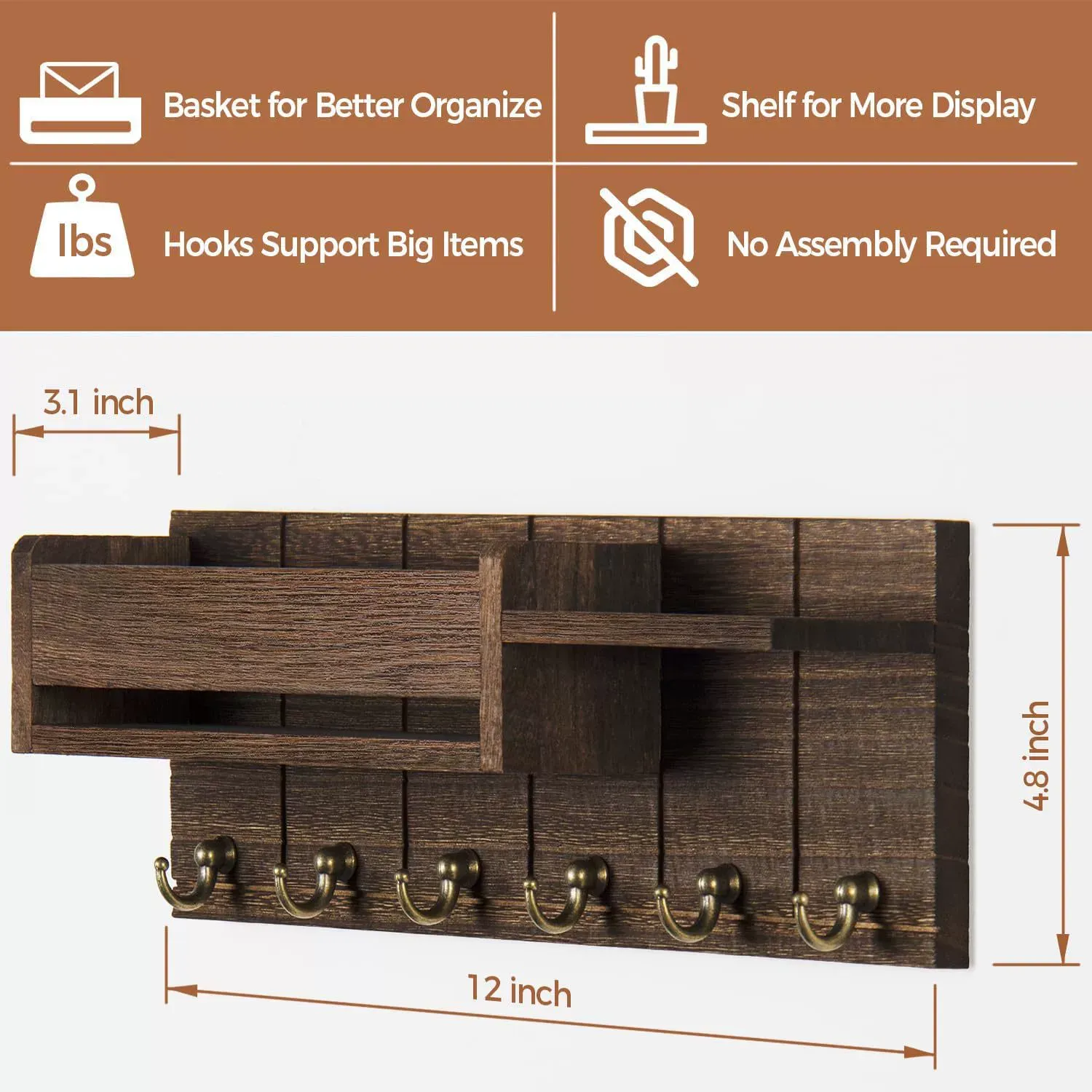Wooden Wall-Mounted Organizer - Mail & Key Holder with Hooks for Bedroom, Study - Solid Wood Wall Shelf