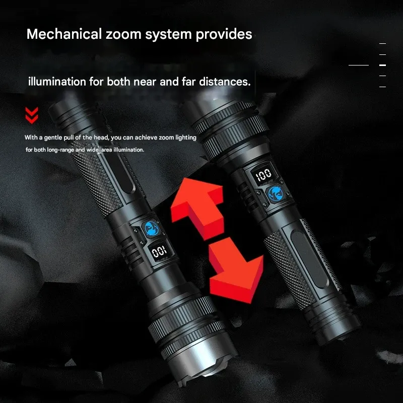 High-Power White Laser Flashlight, Multifunctional Digital Display Rechargeable Zoom Outdoor Patrol Searchlight