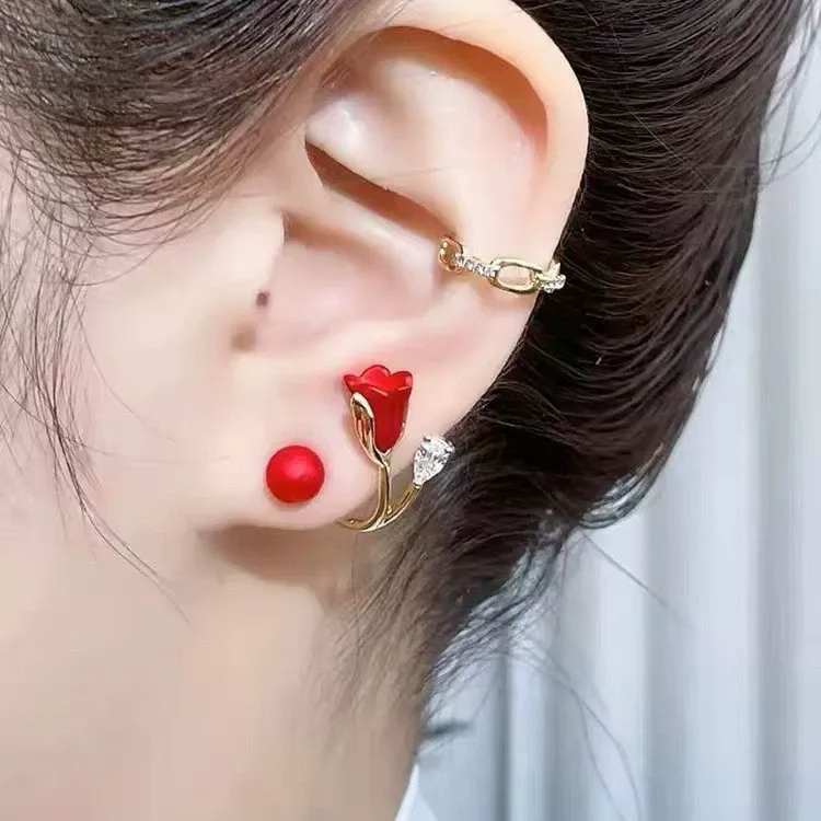 Korean Light Luxury Red Flower Pearl Earrings | Elegant Light Luxury Stud Earrings | Retro Niche Red Bean Earrings