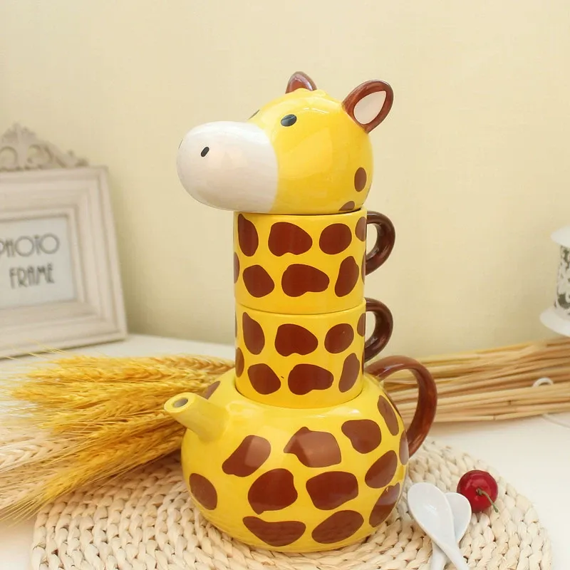 Creative Ceramic Mug with Cute Giraffe Animal Design, Includes Lid, Couple's Matching Set, Gift Set