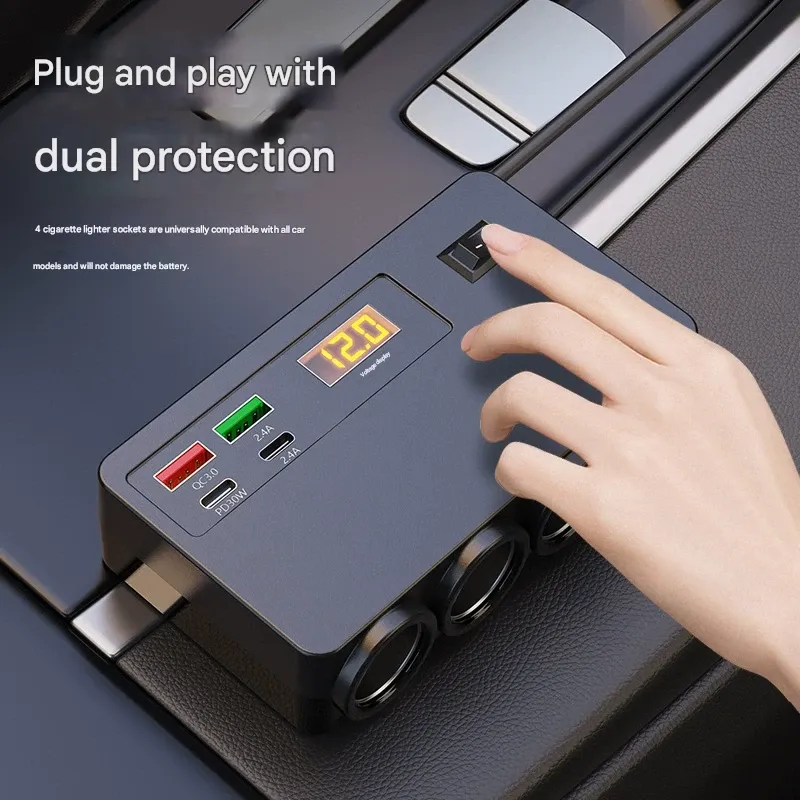 120W Car Cigarette Lighter Charger - Dual USB-A + Dual USB-C Multi-Function Fast Charger with Smart Voltage Display