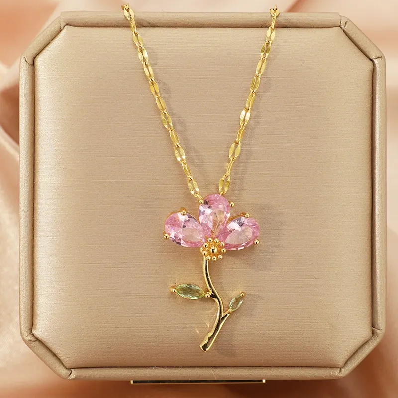 （Box not included）Cherry Blossom Necklace, Pink Zircon Collarbone Chain - Minimalist & Unique Aesthetic Jewelry