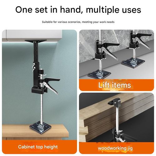 Adjustable Cabinet Installation Jack – A manual lifting and positioning tool for overhead mounting of wall cabinets, doors, windows, and tiles.