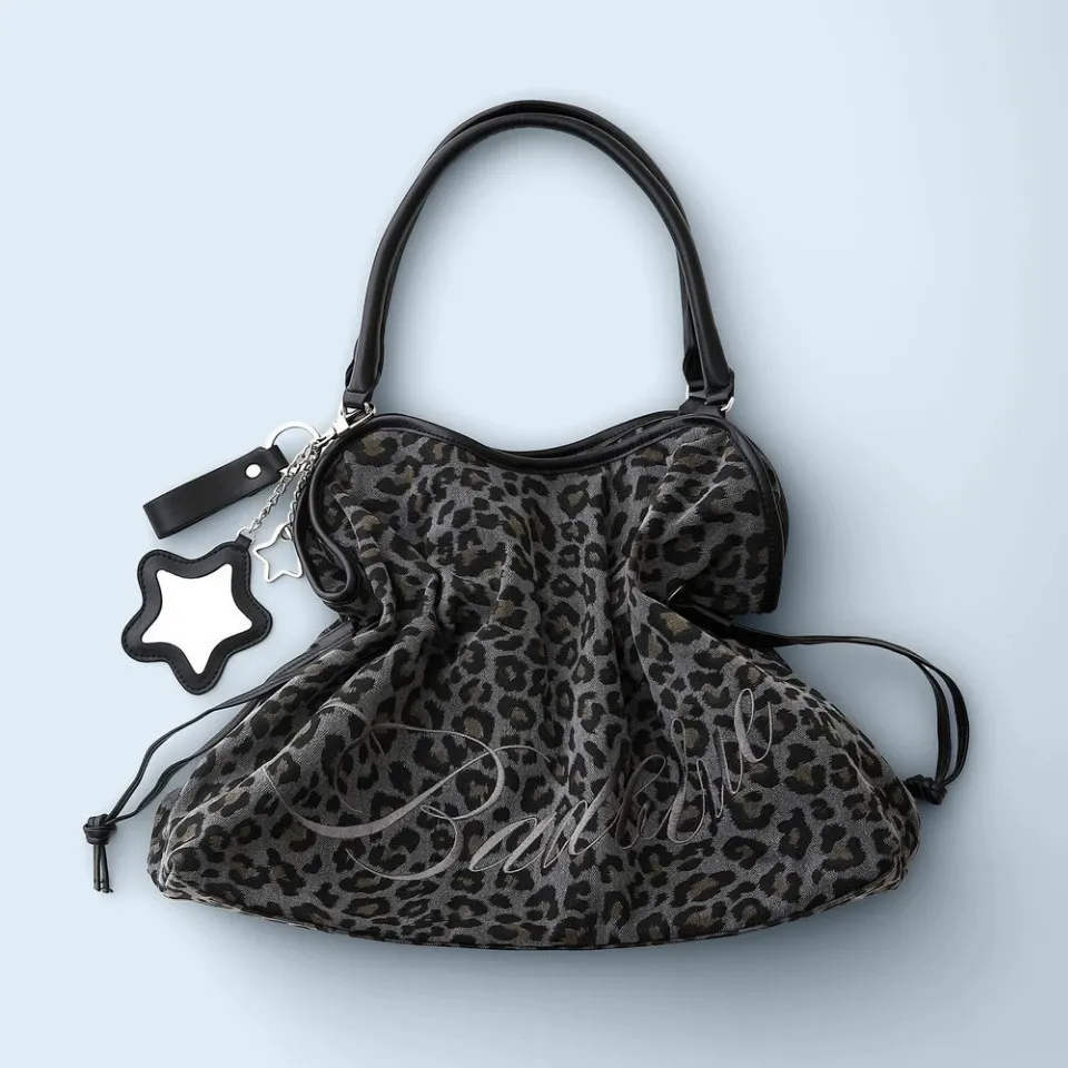 Korean Indie Brand 'badblue' Embroidered Leopard Print Shoulder Tote with Mirror Charm - Y2K Cute & Sexy Large Bag