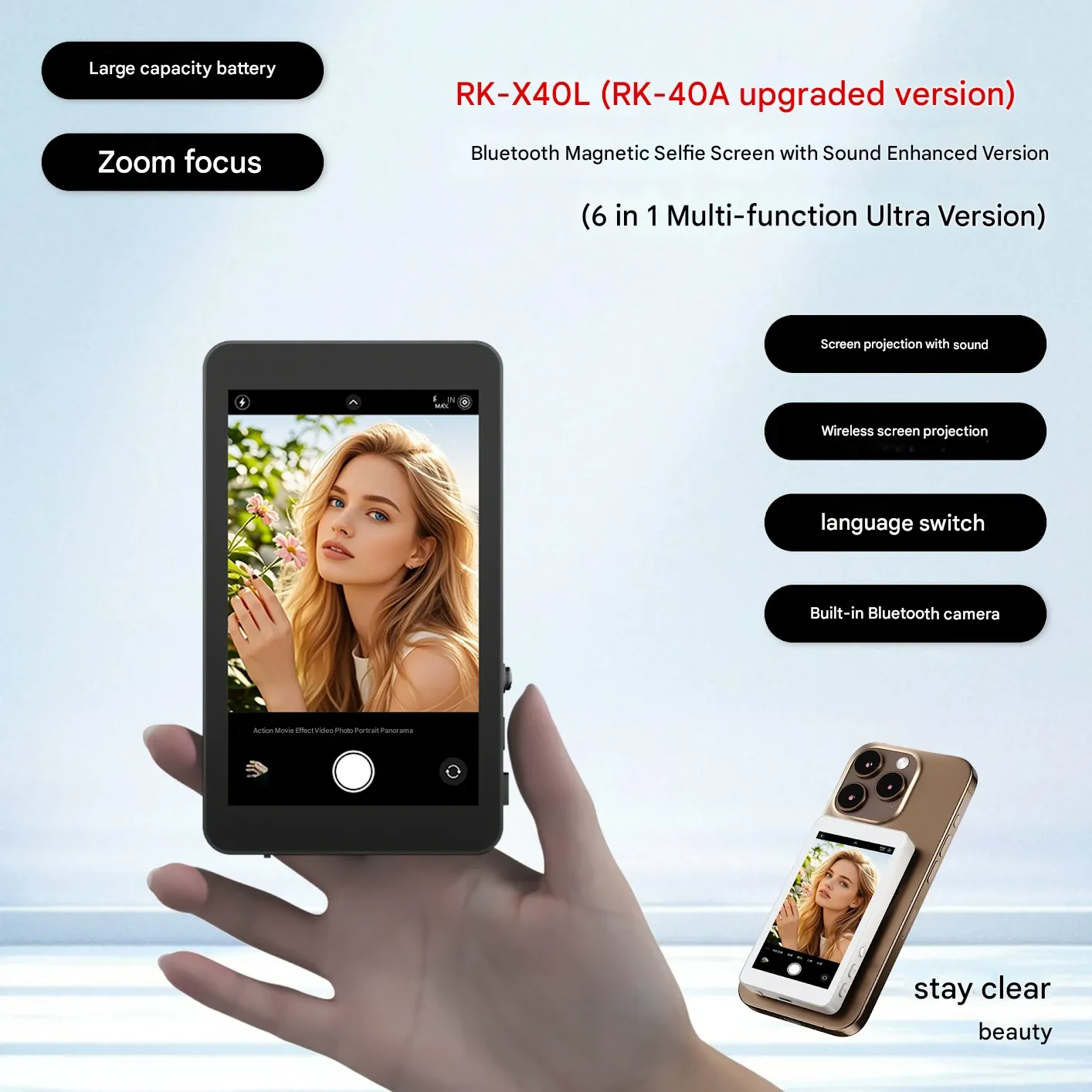 Tech Revolution! Magnetic Wireless Display Mirroring + Rear Camera Selfie Monitor! iPhone & Android Compatible – Your Ultimate Hands-Free Shooting Kit!