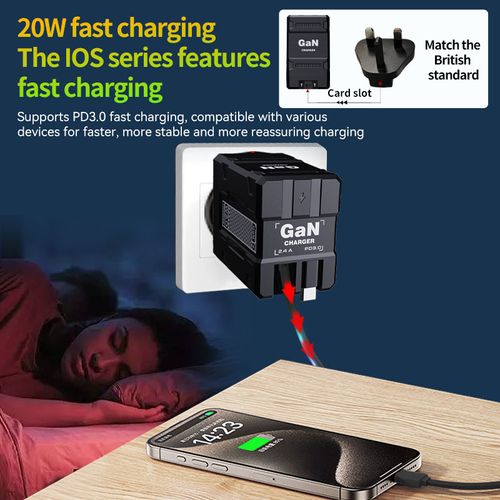 F2 GaN Fast Charger with 80cm Retractable Type-C to Lightning Cable, Compatible with Apple & Android Devices.
