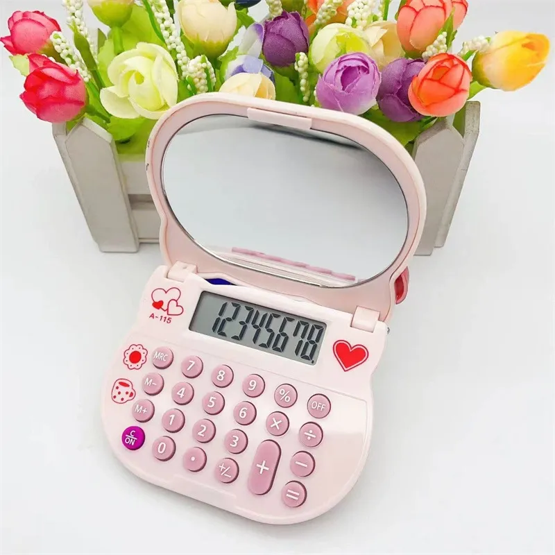 Creative Flip-Open Cartoon Calculator - Portable Hello Kitty Calculator with Built-in Makeup Mirror