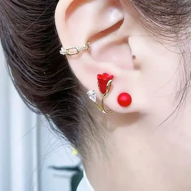 Korean Light Luxury Red Flower Pearl Earrings | Elegant Light Luxury Stud Earrings | Retro Niche Red Bean Earrings