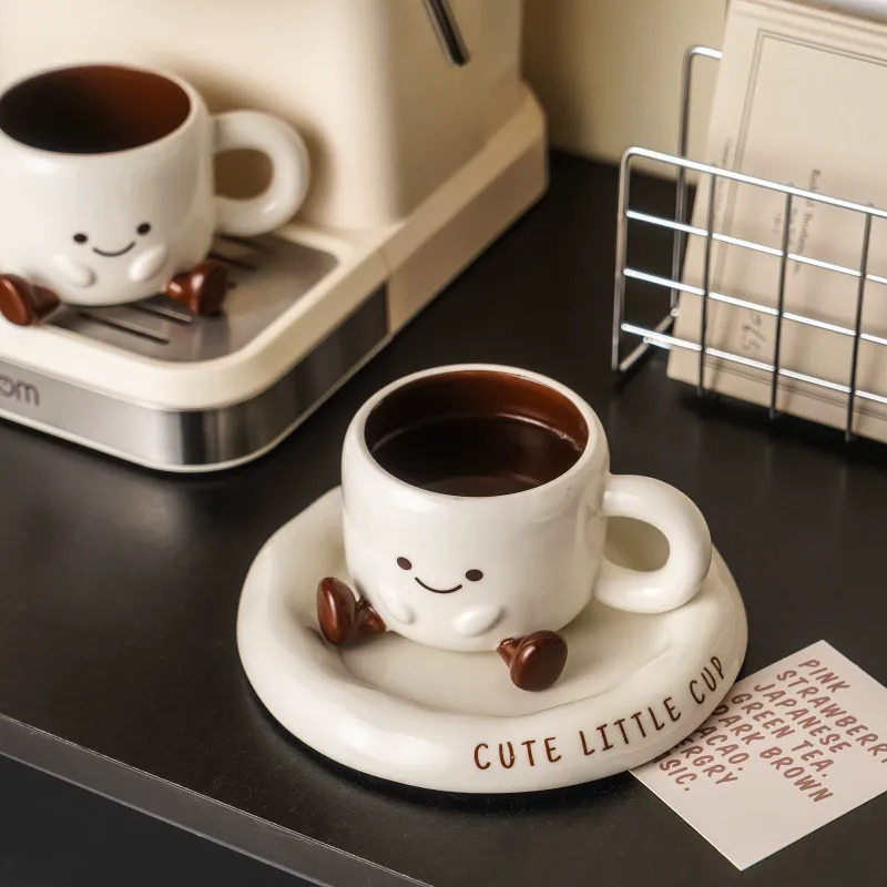 Cartoon Minimalist Ceramic Coffee Cup & Saucer Set, Gift Boxed - Ideal for Gifting and Home Use