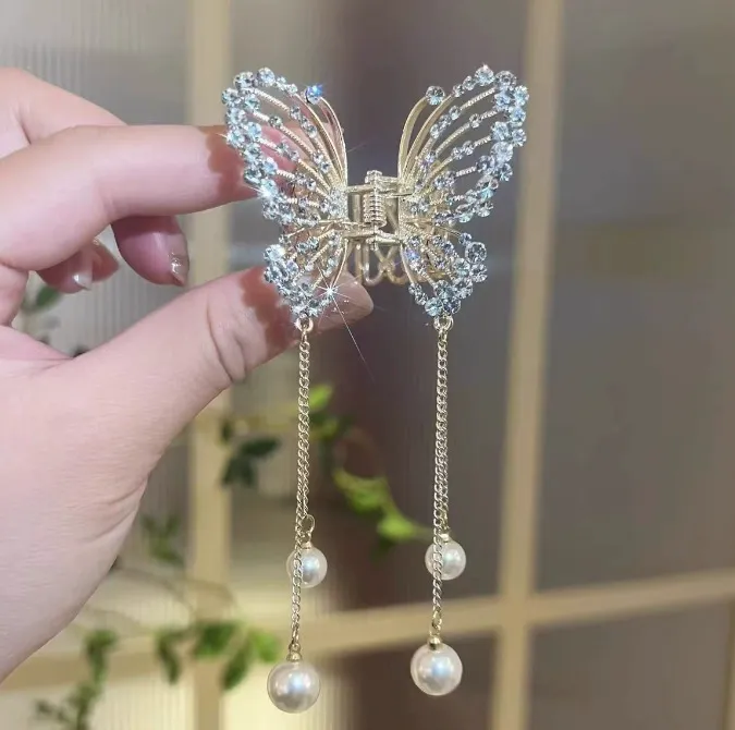 Light Luxury Hairpin - Crystal Butterfly Fairy Tassel Ponytail Clip  Sweet Snap Clip Hairpin