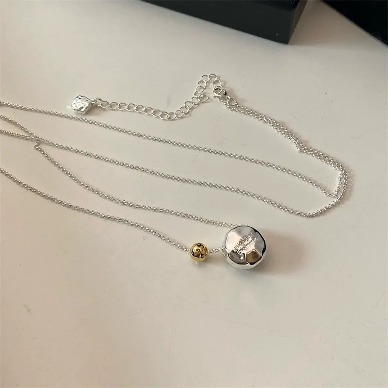 Gold and Silver Two-Tone Metal Ball Long Necklace  New Textured Spherical Pendant Sweater Chain