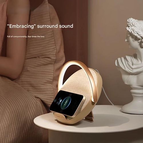 Retro Bluetooth speaker with high sound quality and good appearance, 4-in-1 function: night light, mobile phone holder, wireless charger and dual subwoofer surround sound