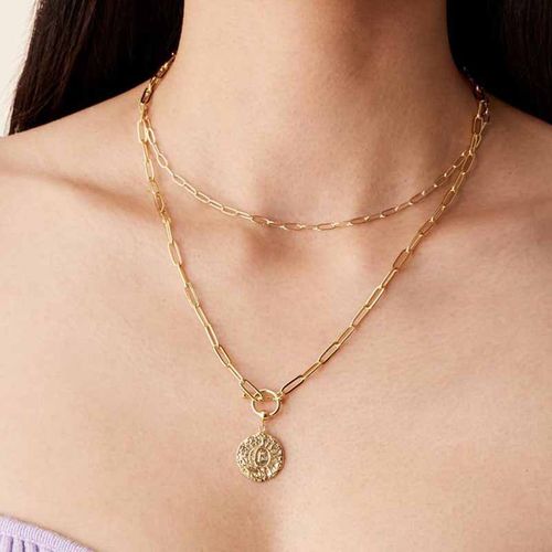 Sun and Moon Pendant Necklace  Textured Relief Round Medallion Pendant with O-Chain Multi-Layer Alloy Necklace