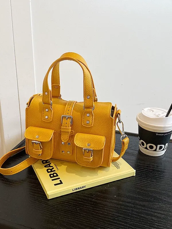 European and American retro lychee pattern handbag  versatile multi-pocket motorcycle bag  shoulder and crossbody bag