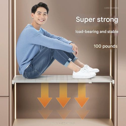 Closet storage shelf organizer, adjustable no-drill cabinet partition, dormitory shoe rack divider, kitchen storage shelf.