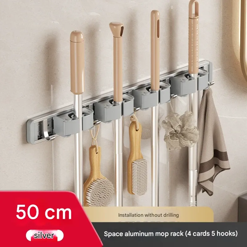 Swivel Mop and Broom Holder Wall Mount - No Drilling Bathroom Storage Organizer Bracket with Snap-On Design (Note: Adhesive not included, must be prepared separately)