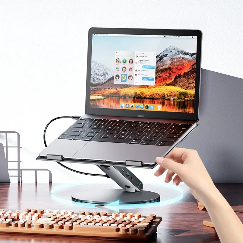 6-in-1 Multi-Function Docking Station with Rotatable & Elevated Cooling Stand – Aluminum Alloy Laptop Stand