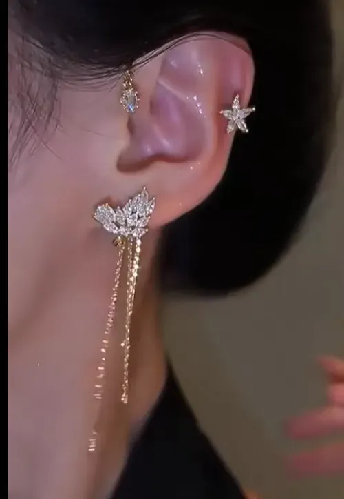 (Left ear only) Shiny long tassel crystal star clip earrings no piercing ladies exquisite wedding jewelry star clip earrings