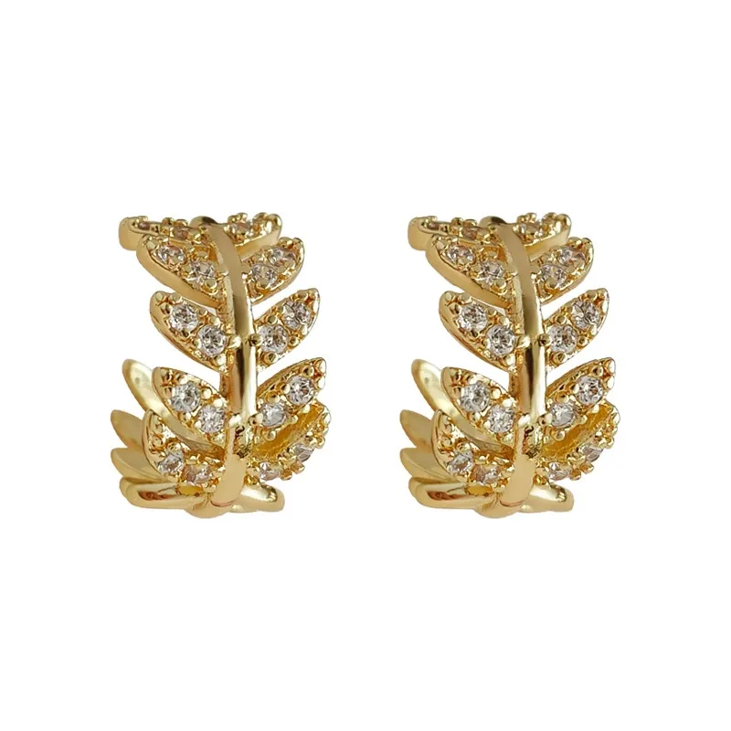 Micro-Paved Zircon Wheat Ear Stud Earrings – Elegant & Versatile 14K Gold-Plated Earrings with Silver Posts