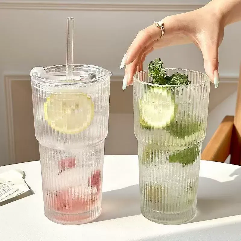 (2-Pack!!) Instagrammable Large Capacity Glass Tumbler with Lid & Straw - Vertical Stripe Design - Aesthetic Cold Drink Cup for Juice, Water and Coffee