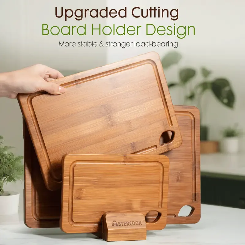 4-Piece Bamboo Cutting Board Set with Holder - Food-Grade Charcuterie & Chopping Boards for Meat, Vegetables, Fruits - Durable, Eco-Friendly, 3 Sizes for Kitchen Use
