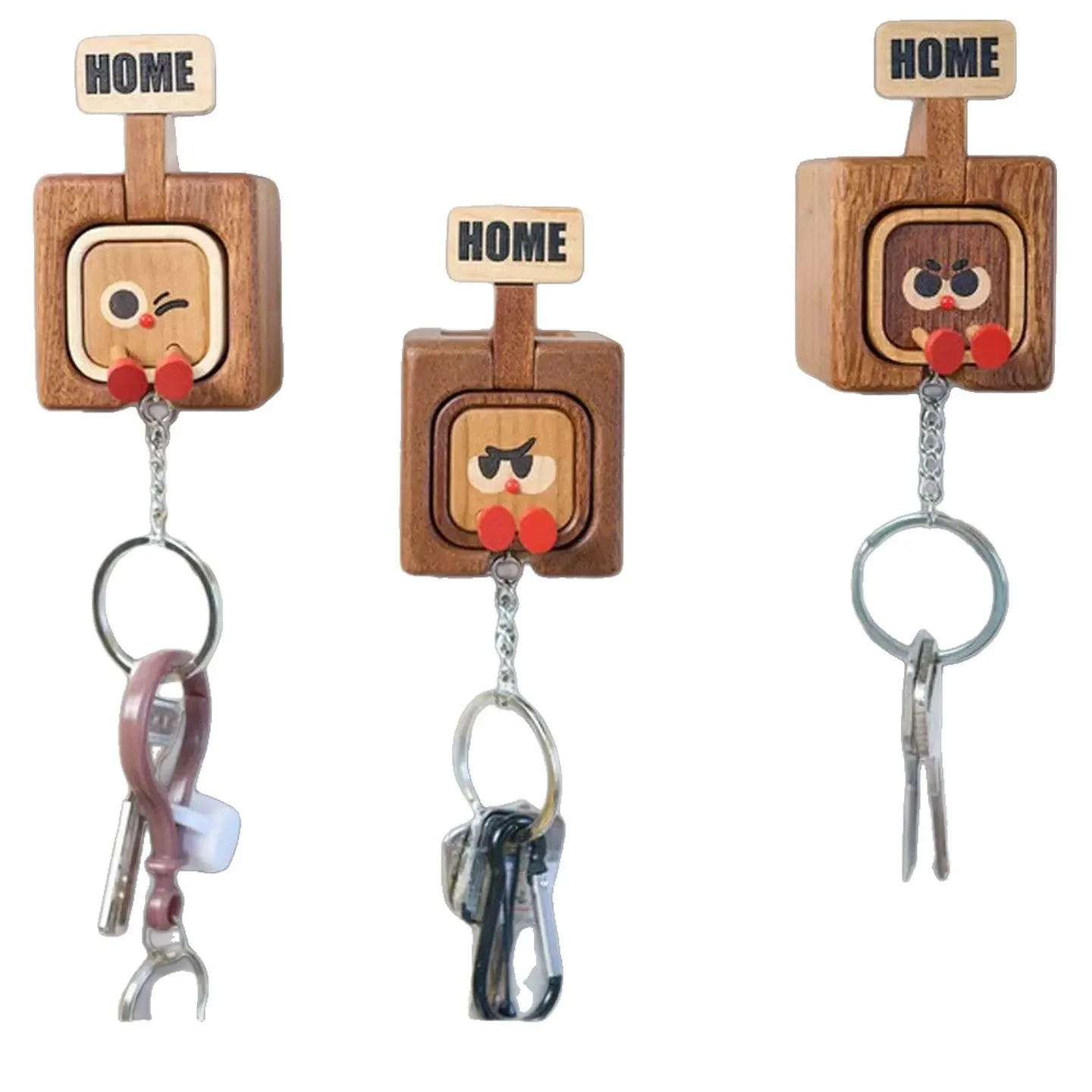 Creative Wooden Home & Out Keychain - Main Label Magnetic Solid Wood Key Fob with Fidgeting Feature