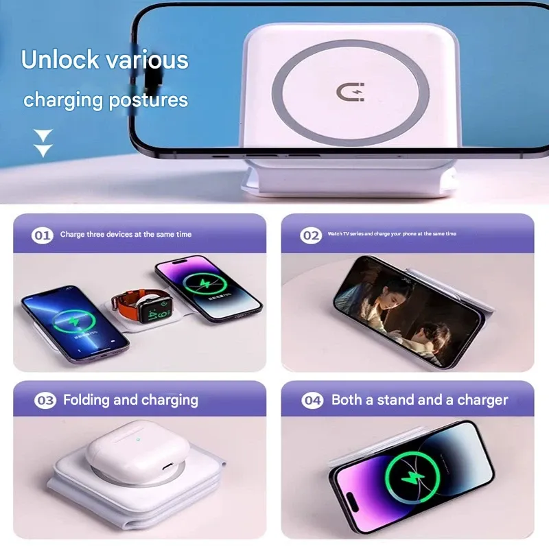 3-in-1 Magnetic Wireless Charger, Foldable Magnetic Wireless Charger Compatible with Apple iPhone and Watch