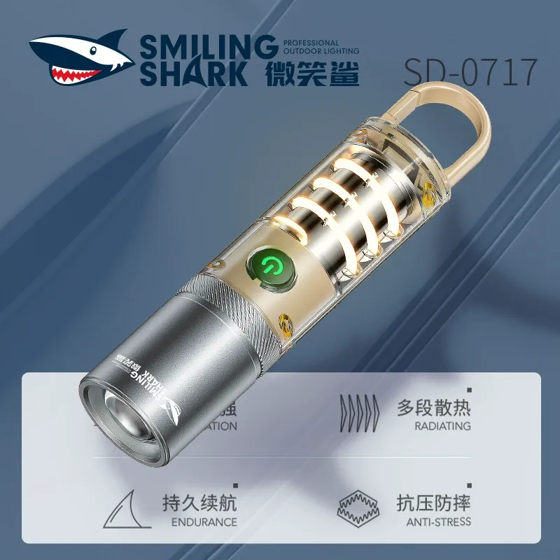 Smiling Shark Outdoor Multi-function Flashlight - High Lumen Long-Range Camping Lantern with Hook for Wide Flood Work Light
