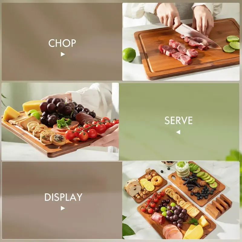 4-Piece Bamboo Cutting Board Set with Holder - Food-Grade Charcuterie & Chopping Boards for Meat, Vegetables, Fruits - Durable, Eco-Friendly, 3 Sizes for Kitchen Use