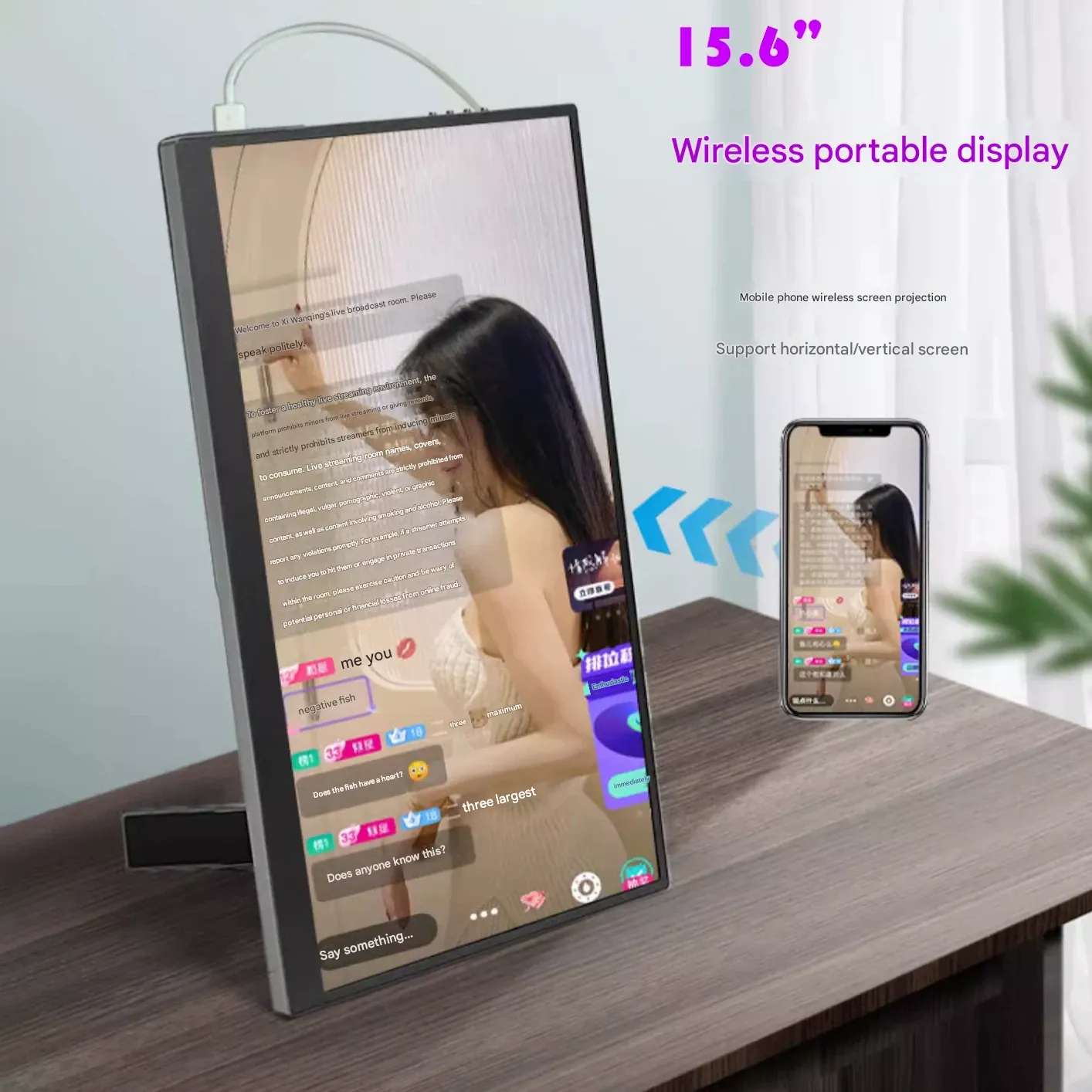 15.6 Portable Monitor  Compatible with Android iOS Smartphones  PCs  Laptops & Gaming Devices Wireless Screen Mirroring | PC Split-Screen Support