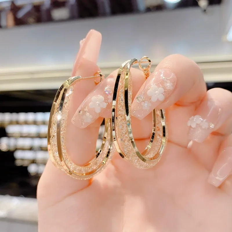 Fashion Hollow-Out Mesh Crystal Hoop Earrings — Elegant Bold Designer Earrings with Sterling Silver Posts