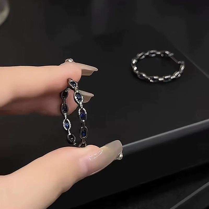 2025 Gothic Punk Earrings - Black Chain Loop w+ Blue Crystals | Edgy Cyberpunk Hoop Earrings for Women