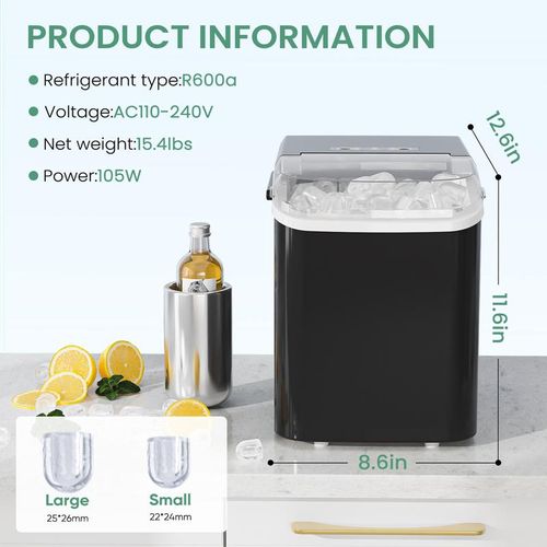 Sweet Furniture S-Countertop Ice Maker, Portable Ice Machine Self-Cleaning with Scoop, Basket and Handle, 9 Cubes in 6 Mins, 2 Sizes of Bullet Ice