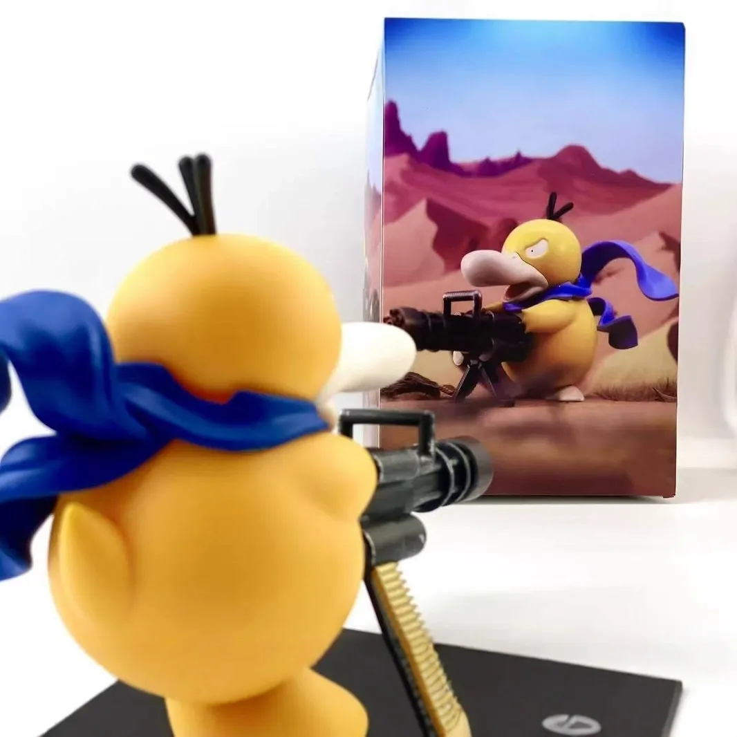 (Large Size 14.5cm) Cool Gatling Psyduck Figure - Transformable Cosplay Mechanical Display Stand, Pokemon Pet Model Statue (With Non-Slip Pads Included)