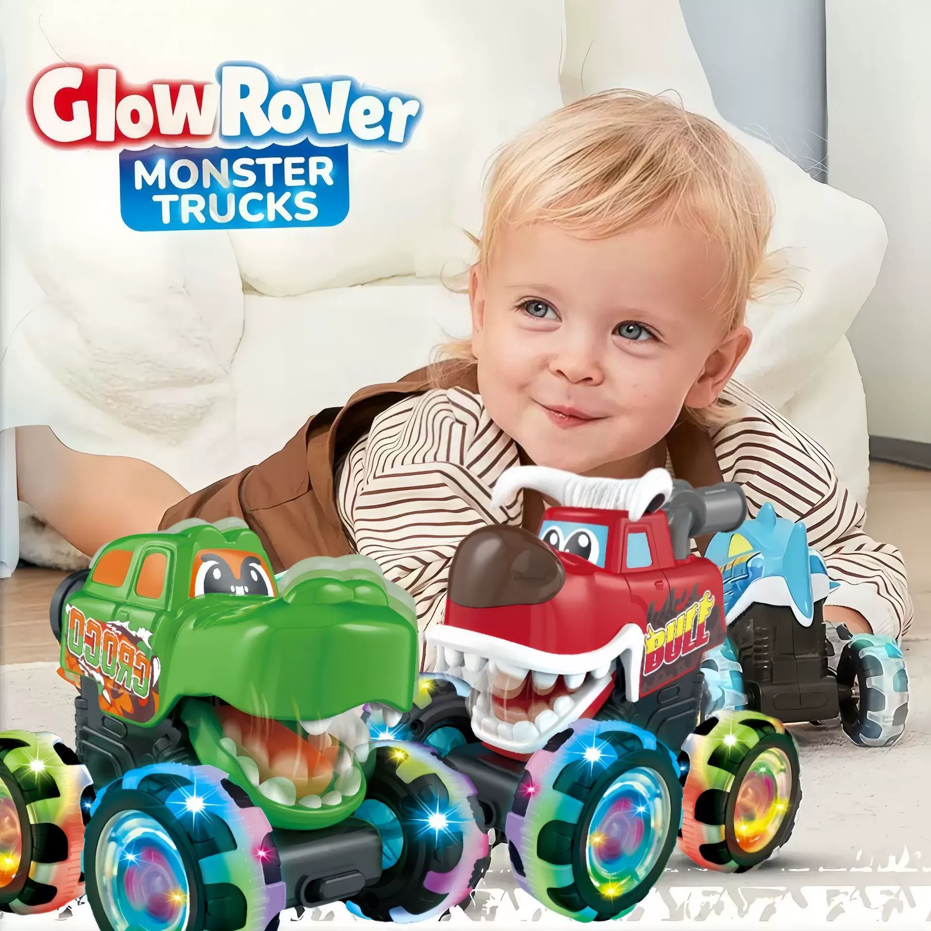 （Three-pack）Kids' Light-Up Toy Car & Hot Press-and-Go Monster Stomp Friction Power Sliding Car - As Gifts