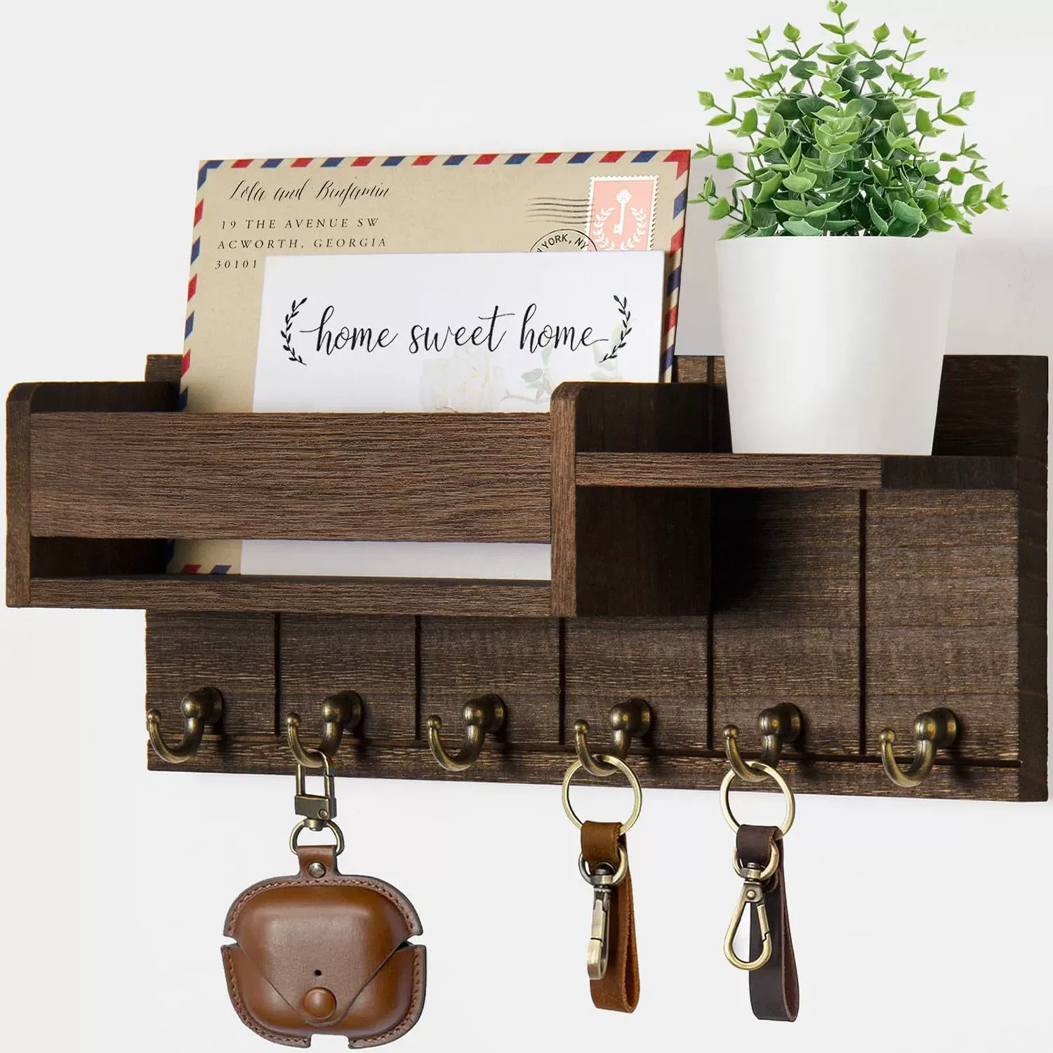 Wooden Wall-Mounted Organizer - Mail & Key Holder with Hooks for Bedroom, Study - Solid Wood Wall Shelf