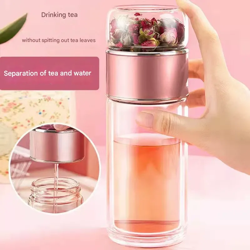 Tea-Infusing Glass Cup with Separate Compartment  Double-Walled Insulated Travel Tumbler