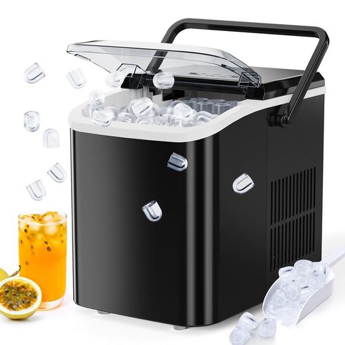 Sweet Furniture S-Countertop Ice Maker, Portable Ice Machine Self-Cleaning with Scoop, Basket and Handle, 9 Cubes in 6 Mins, 2 Sizes of Bullet Ice