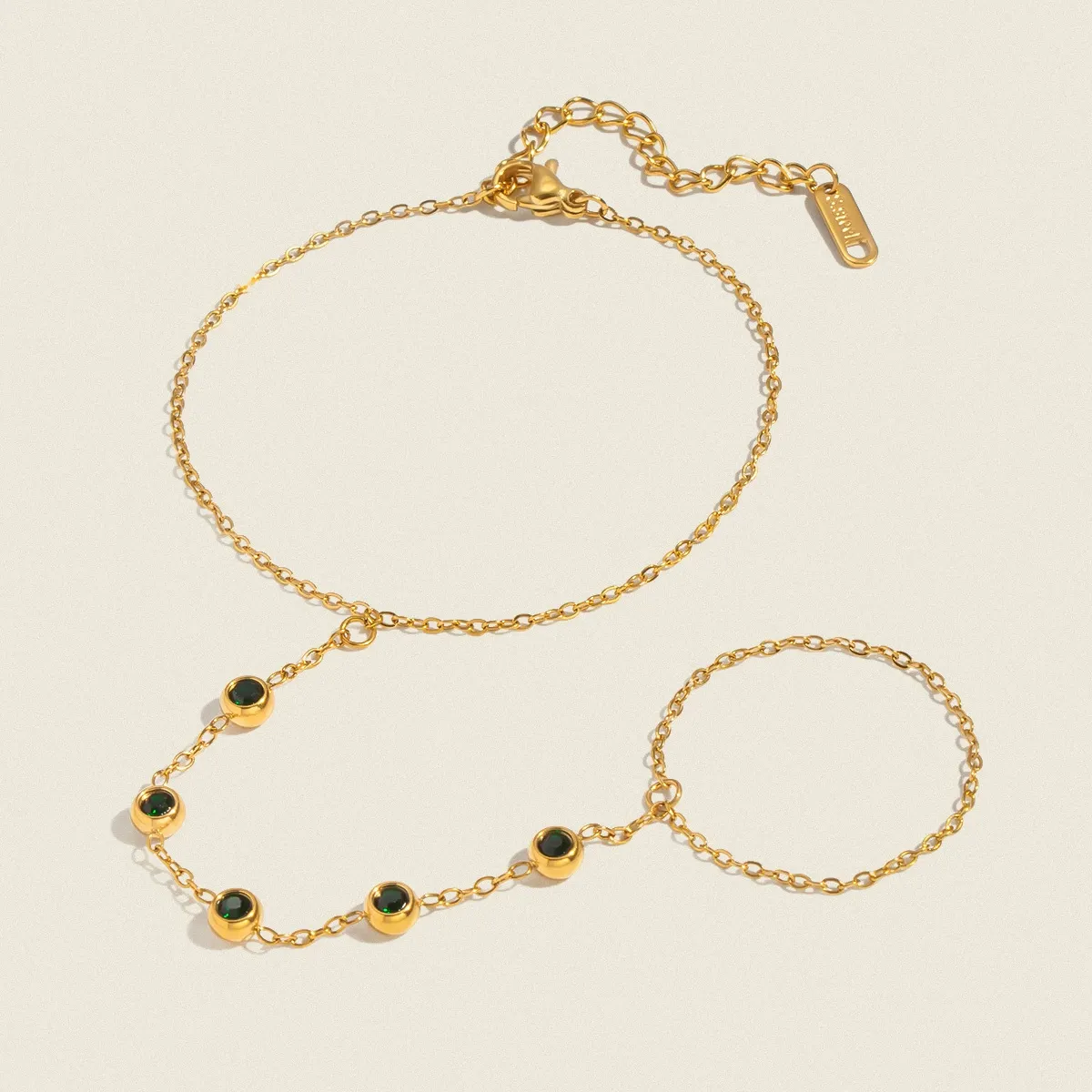 Bestselling 5-Green-Zircon Knuckle Ring  Finger Chain - Vacuum Plated 18K Gold Stainless Steel