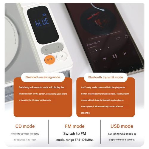 Bass Speaker CD Player with Bidirectional Bluetooth, Music Album Disc Playback, Portable and Rechargeable