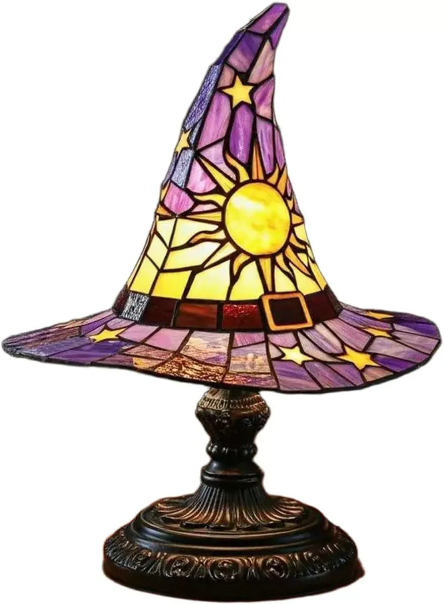 Stained Glass Witch Hat Lamp  Enchanted Witch Hat Night Lamp - Glowing Halloween Bedside Decor