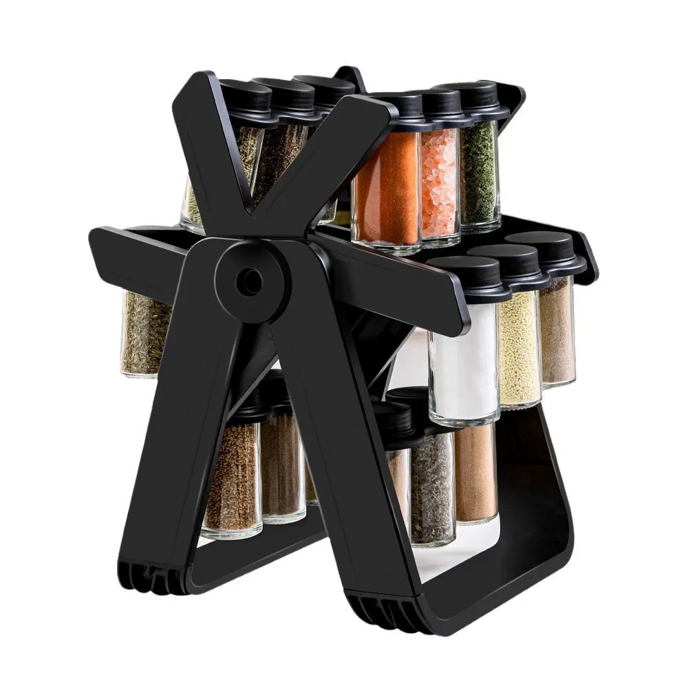 Rotating Spice Rack for Home – Kitchen Seasoning Storage Set with Glass Spice Jars, Organizer Shelf