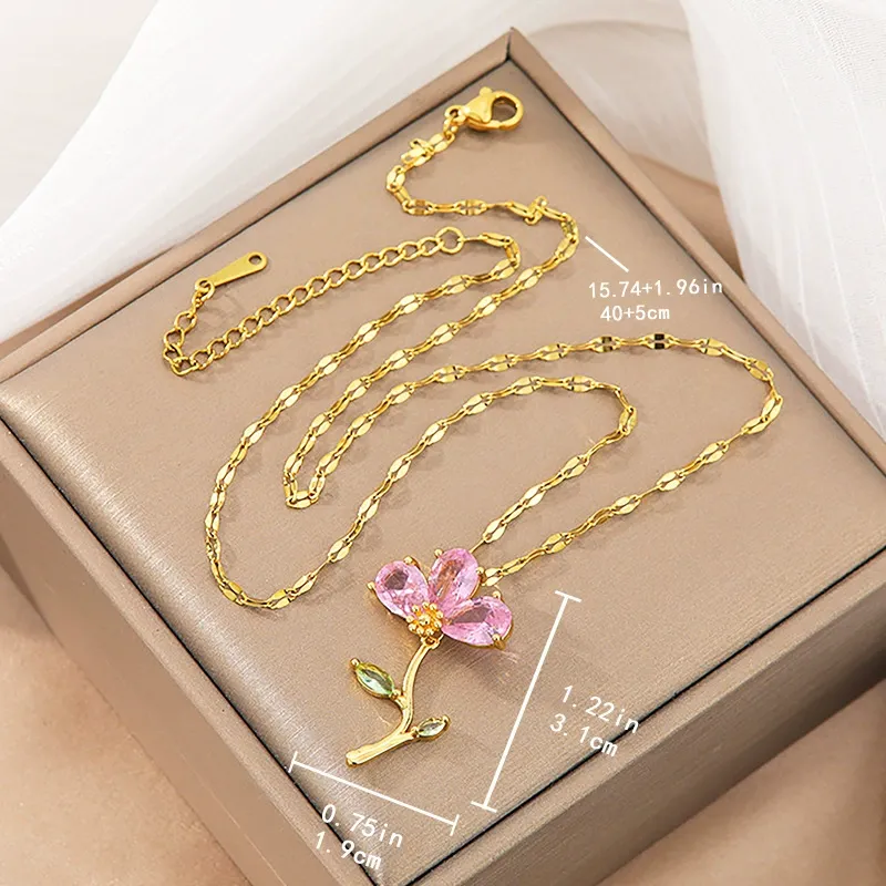 （Box not included）Cherry Blossom Necklace, Pink Zircon Collarbone Chain - Minimalist & Unique Aesthetic Jewelry
