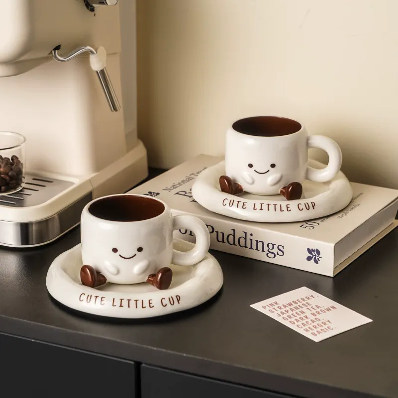 Cartoon Minimalist Ceramic Coffee Cup & Saucer Set, Gift Boxed - Ideal for Gifting and Home Use