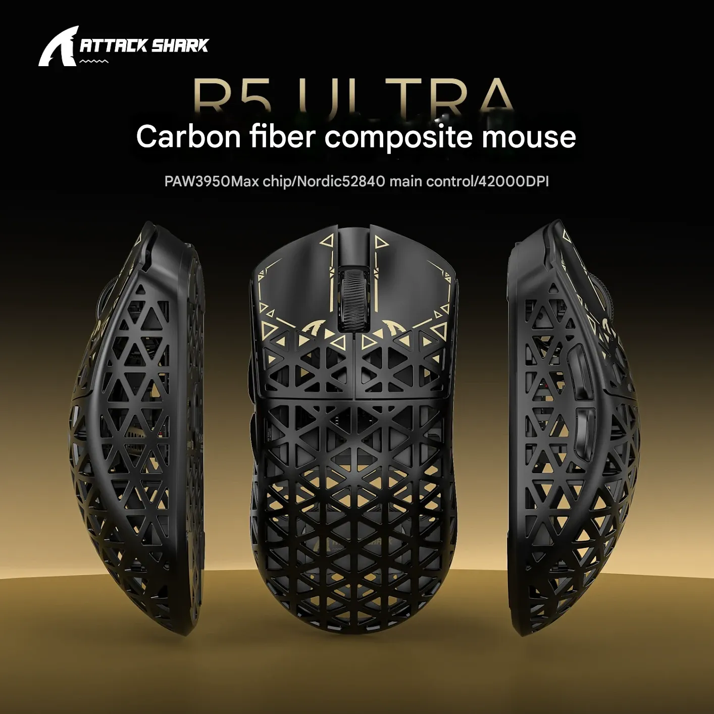 Attack Shark R5 Ultra Carbon Fiber Wireless Mouse - Ultra-Lightweight PAW3950 Gaming Mouse with Triple-Mode Connectivity (Bluetooth  2.4G  Wired) & 8K Polling Rate