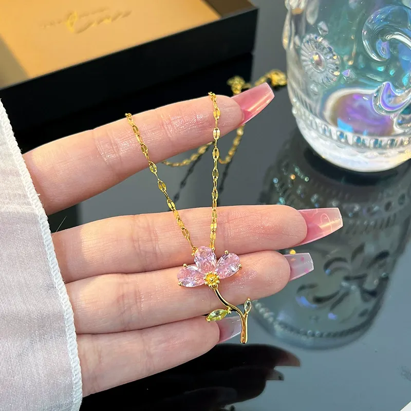 （Box not included）Cherry Blossom Necklace, Pink Zircon Collarbone Chain - Minimalist & Unique Aesthetic Jewelry