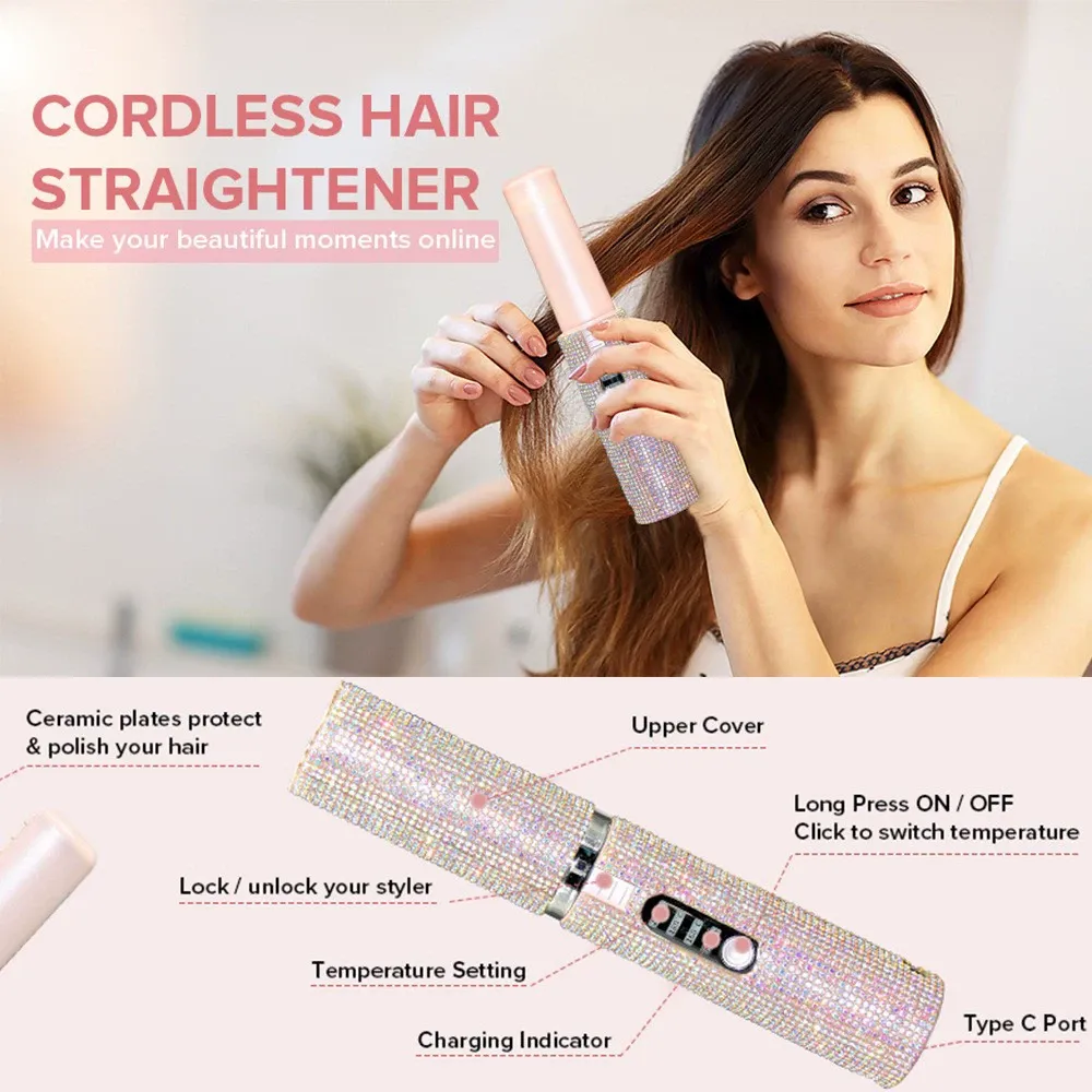 Fast-Heat Wireless Hair Styler - Portable Mini Curling & Straightening Iron with Crystal Rhinestone Decals